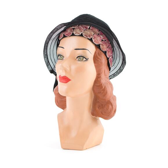 Vintage 1920s Cloche 20s Velvet Floral Black Woven Summer Evening Hat with Bow - Picture 2 of 10